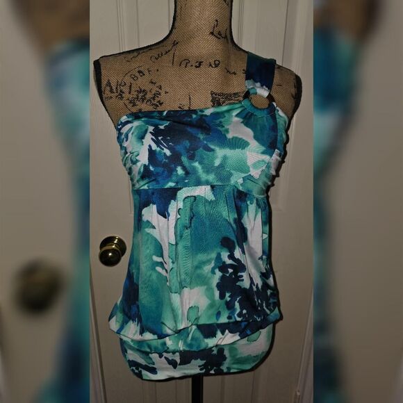 ​Y2K Charlotte Russe Blue Green Floral One Shoulder Ring Top - Picture 2 of 4